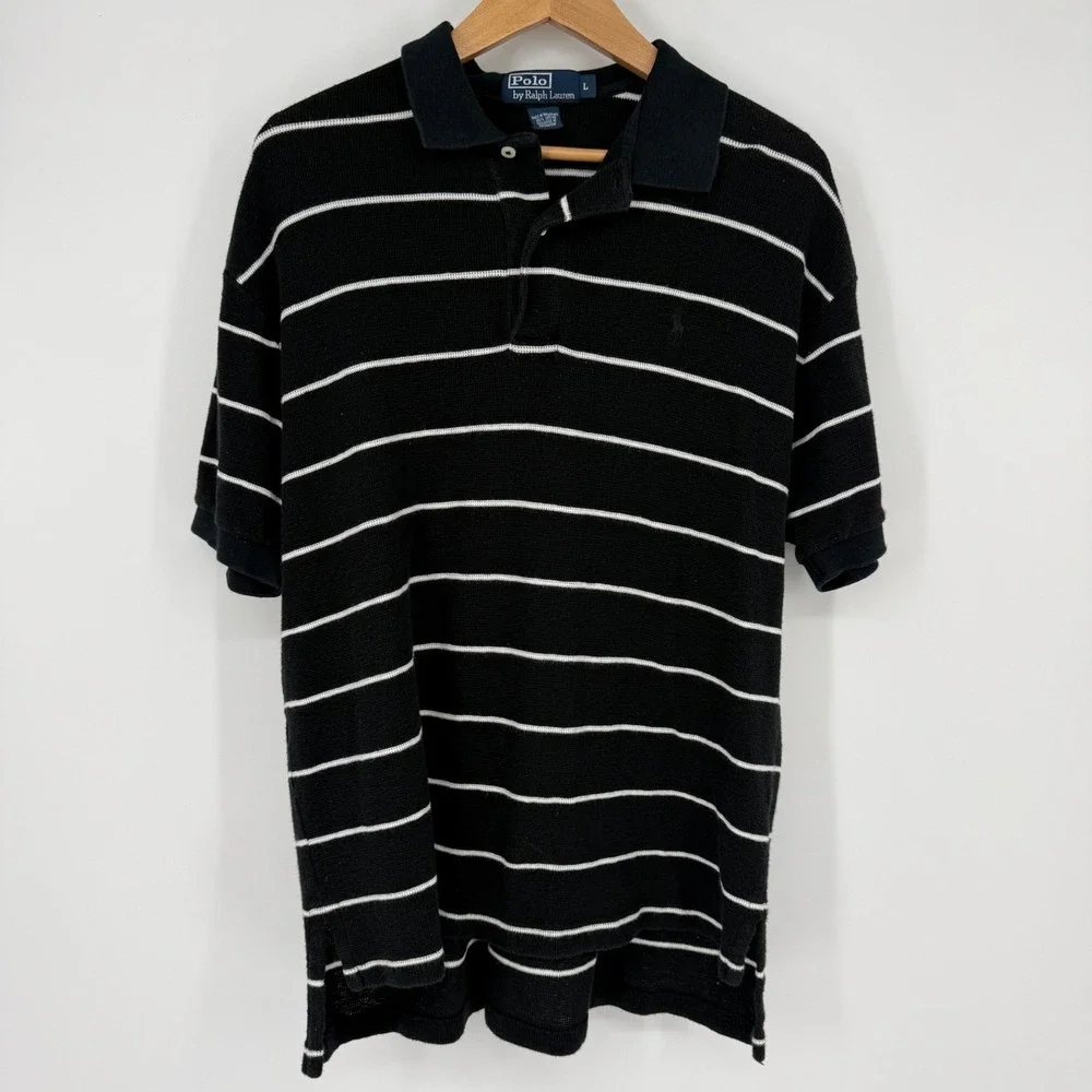 Polo Ralph Lauren Men Large Polo Shirt Striped Tight Waffle Knit Golf Preppy 90s